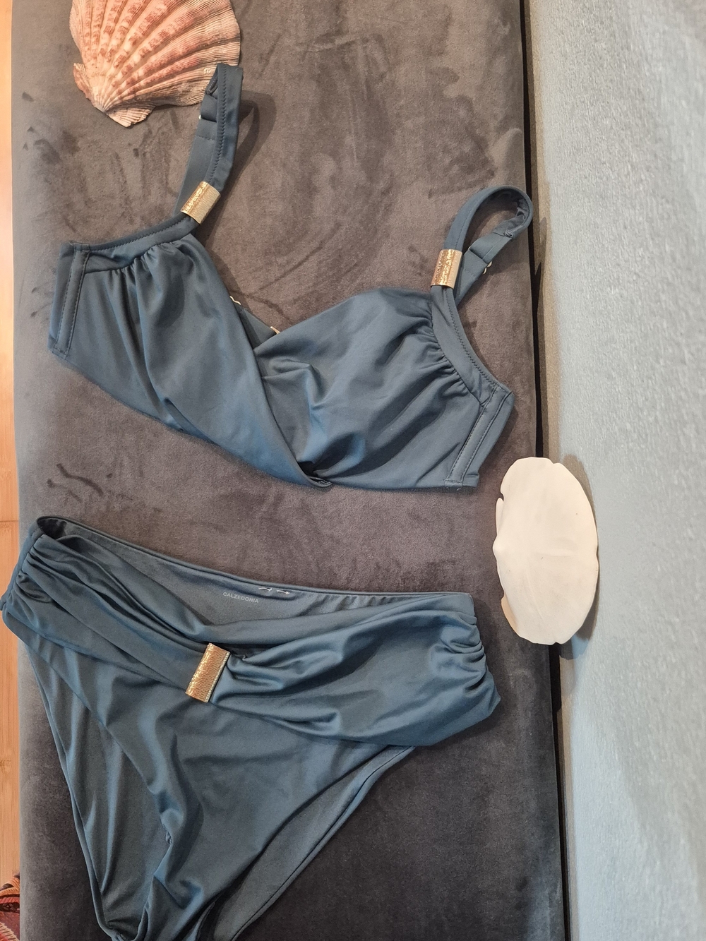 Calzedonia Women's Teal Blue Bikini Set with Gold Accents